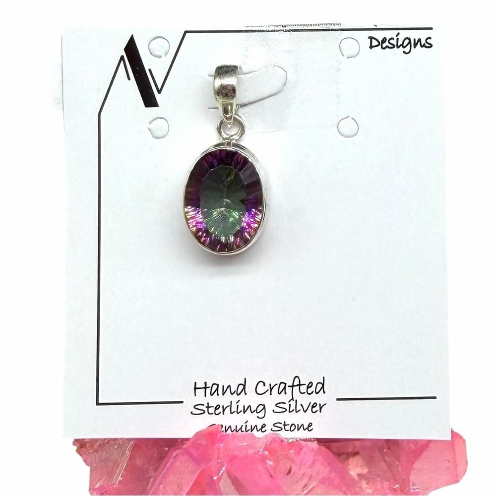 Mystic Topaz Necklace Pendant Solid 925 Sterling Silver Purple Iridescent Stone